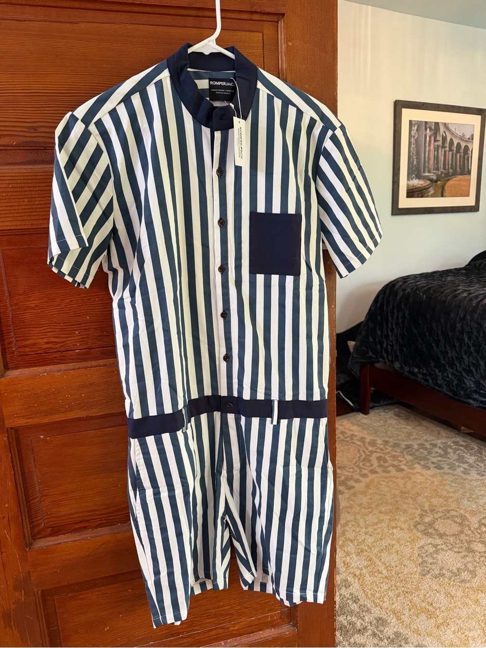 Men's Striped Short-Sleeve Romper - Navy & White One-Piece Bodysuit
